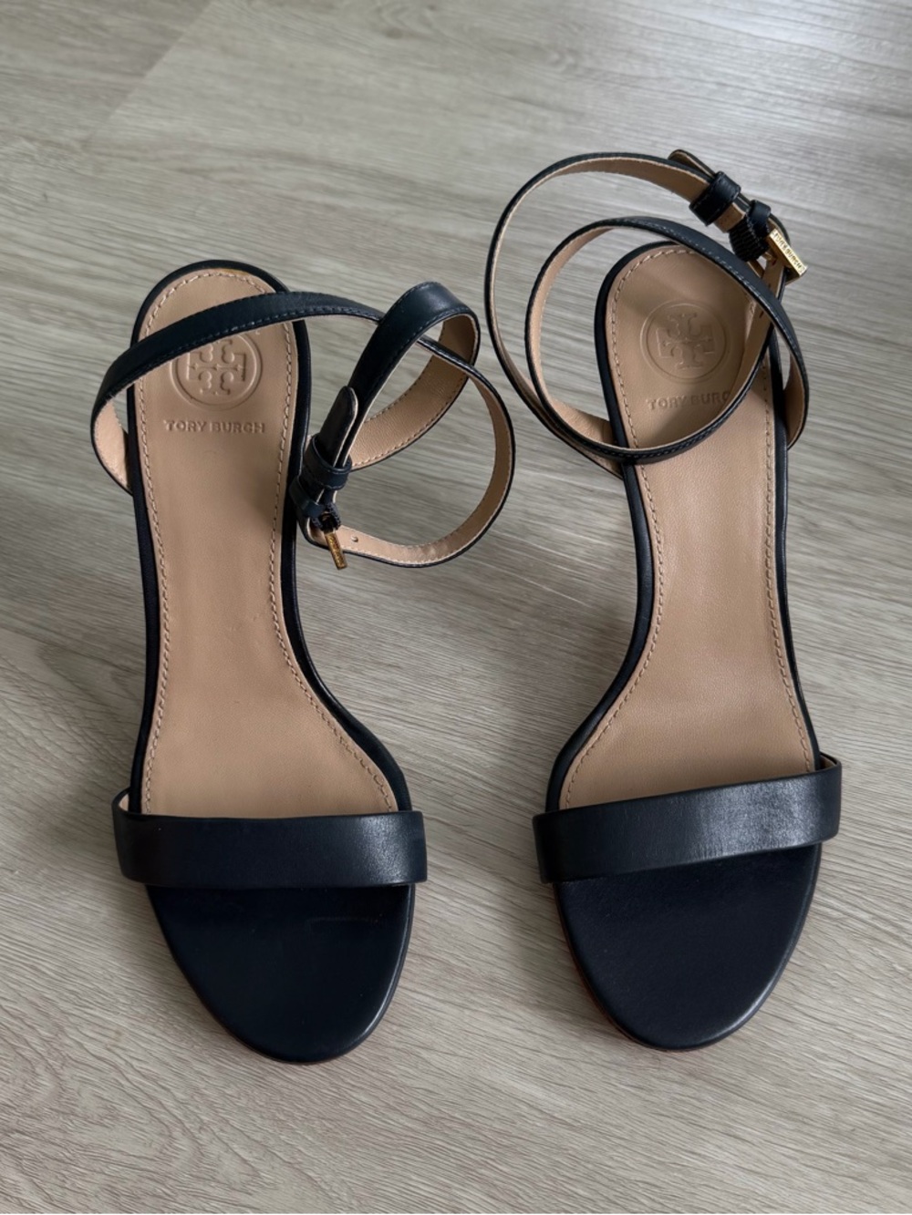 Tory Burch Dark Navy Blue Leather Ankle Strap Heels